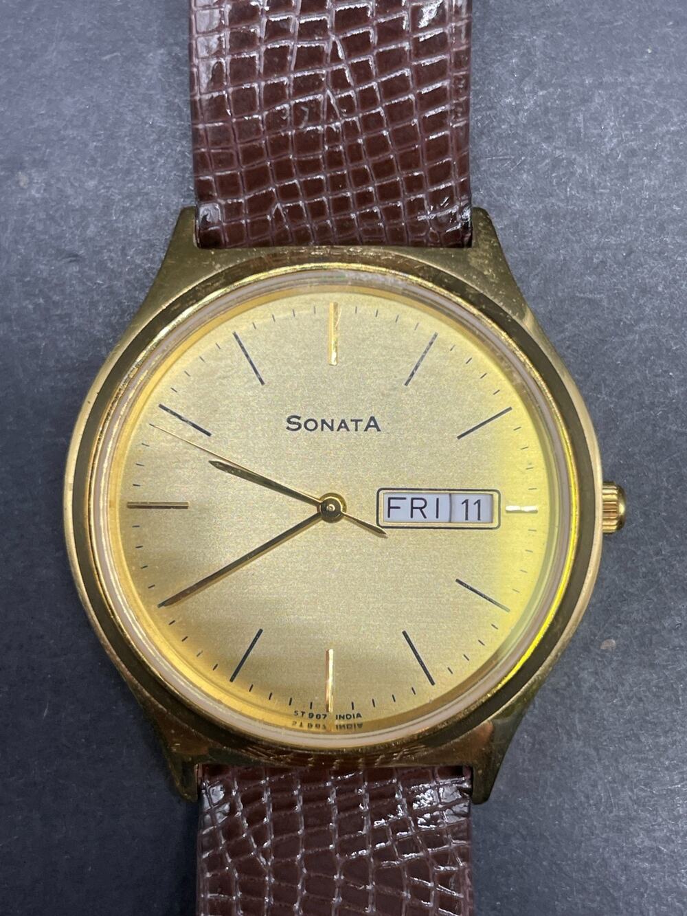 Sonata Watch Women's 35mm Gold Tone Round Dial Brown Leather Band 30M 182YAB